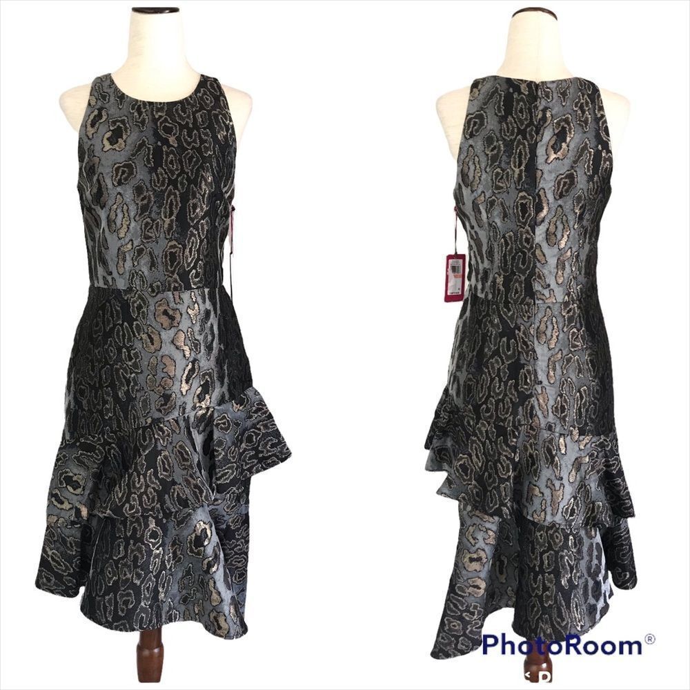 VINCE CAMUTO Metallic Cheetah Print Cocktail Dress Sleeveless Black‎ Size 2 New